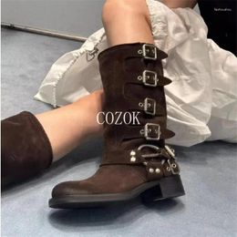 Boots 2024 Autumn And Winter High-end Suede Motorcycle Trendy Fashion High-top Women Shoes Brown Black