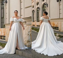 Pretty Handmade Flowers Modern Simple Satin A Line Wedding Dresses Sexy High Split Off The Shoulder Bridal Gowns Pleated Sweep Train Plus Size Robes de Mariee CL3578