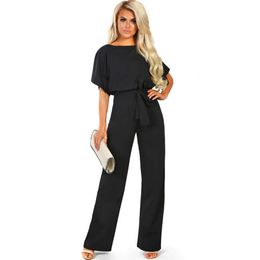 Fashion Charm Womens Black Bodysuits Polyester Rompers Women Jumpsuit Short Sleeve Bow Body Mujer Casual Straight Overalls 240528