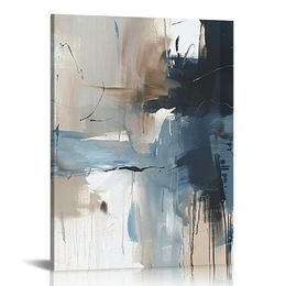 Navy Blue Pictures Wall Art Abstract Modern Canvas Brown Watercolour Wall Art Decor Abstract Blue Poster Minimalist Graffiti Prints Blue Artwork for Living Room