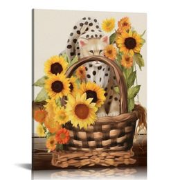 Country Leopard Print Sunflower Gnome Canvas Prints Wall Art Decor Desk Sign Sunflower Gnome Poster Painting Framed Artwork Home Shelf Wall Decoration