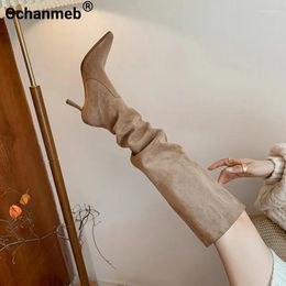 Boots Ochanmeb Women Faux Suede Knee-Highs Thin High Heels Pointed Toe Slip-Ons Concise Pleated Ladies Shoes Autumn Winter