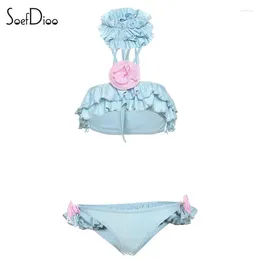 Women's Swimwear Soefdioo 3D Flower Decoration Ruffle Bikini Sets Women Sexy Halter Tops And T-Back Match Swimsuit 2024 Summer Beach Bathing