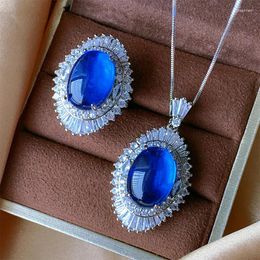 Necklace Earrings Set EYIKA Fashion Luxury Silver Color Fill Zircon Flower Jewelry Royal Blue Lab Created Sapphire Pendant And Ring Sets