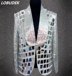 Male White Mirrors Jacket Coat Outfit Silver Sequins Outerwear prom party Show Singer Performance Clothing Bar Host Concert Stage 7375669
