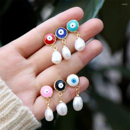 Stud Earrings Devil's Eye Oil Drop European And American Personality Inlaid Freshwater Pearl Copper Gold-plated