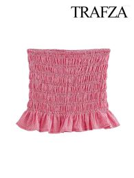 Work Dresses TRAFZA Causal Summer Fashion Bottom 2024 Elastic Waist Ruffle Pleated Red Plaid Slim Sweet Elegant Mini Skirt