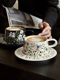 Mugs Vintage Oil Painting Bell Orchid Blossom Coffee Mug Saucer Hand-painted Latte Set Original Gift Ceramic