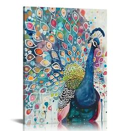 Peacock Wall Art Cute Animal Pictures Colourful Peacock Feather Canvas Prints Blue Peacock Bird Artwork for Bedroom Bathroom Living Room Home Decor