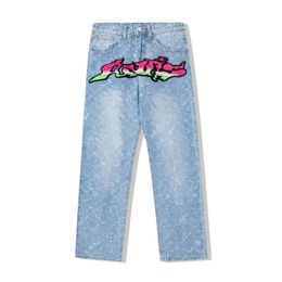 Mens Plus Size Pants Hip Hop Embroidery Gradient Jeans Mens Ripped Straight Full Printed Streetwear Denim Trousers 2735