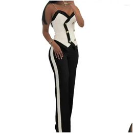 Womens Two Piece Pants Sets Outifits Summer Fashion Printed Suspenders V Neck Sleeveless Crop Top Casual Wide-Leg Long Set Drop Delive Dhiqr
