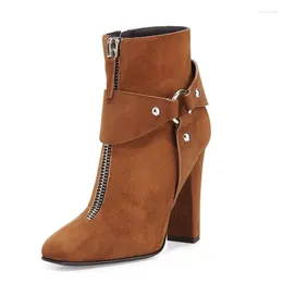 Boots Est Arrival Brown Suede Ankle Square Heel Woman Autumn Short Metal Decorated Buckles Zipper Ladies Shoes 2024