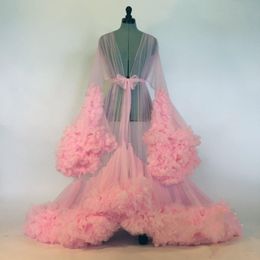 Sexy Women Ruffles Pink Sleepwear For Prom Dress Women Bathrobe Sheer Nightgown Long Sleeve Evening Dress Robe Prom Bridesmaid Shawel 2578