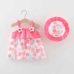 Girl's Dresses Summer New Baby Girls Dress Halter Floral Decoration Simple Pattern Lace Pleats + Hat Sweet Princess Birthday Party H240527 E5QN