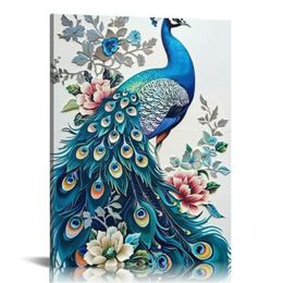 White And Blue Floral Peacock Canvas Wall Art Aesthetic Peacocks Lovers Picture Wall Decor Peacock Prints Modern Artwork for Home Living Room Bedroom Bathroom