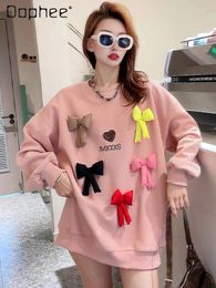 Women's Hoodies Fashion Brand Loose Mid-Length Round Neck Pullover Sweatshirts Women 2024 Spring Autumn Sweet Bow Top Female