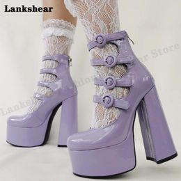 Dress Shoes Belt Buckle Lolita For Women Patent Leather Purple Platform Chunky Heel Pumps Thick High Heeled Female