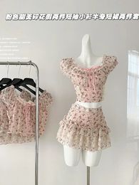 Sexy Cosy 2000s Aesthetic Outfits 2 Piece Skirt Set Pink Lace T-Shirts Puff Sleeve Floral A-Line Skirt Korean Bohemian Sweet 240528
