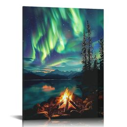 Aurora borealis tuval duvar sanat orman kamp ateşi peyzaj resim baskılar kuzey ışıkları yatak odası dekor çerçeveli (kuzey ışıkları)
