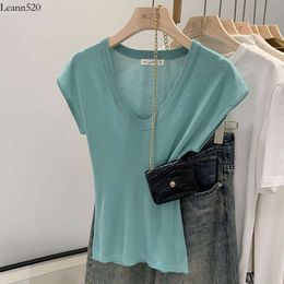 Lazy Relaxing U-neck Knitted Shirt Women's Fashion 2024 Summer New Inner Style and Fashionable Short sleeved T-shirt