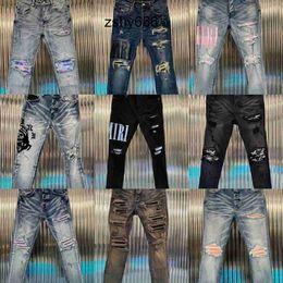 Mens Jeans European Jean Letter Star Men Embroidery Patchwork Ripped for Trend Brand Motorcycle Pant Mens Skinnythm8