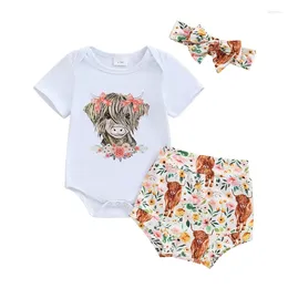Clothing Sets Baby Girl Western Outfit Cattle Flower Print Short Sleeve Romper Elastic Waist Shorts Bow Headband Toddler Summer Set