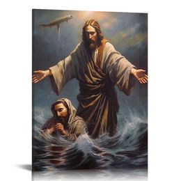 Jesus Saves Peter Walking on The Water Poster Canvas Print Wall Art Holiday Gift Bathroom Living Room Bedroom Home Decor