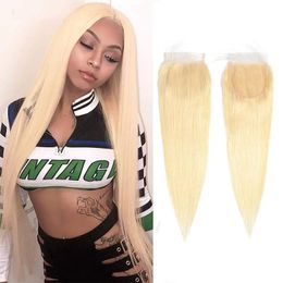 Raw Indian Human Hair 4X4 Lace Closure With Baby Hair Straight Lace Closure Four By Four Silky Straight Blonde 613# Colour Tignl