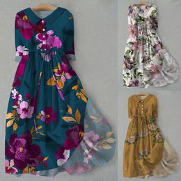 Casual Dresses Women's Art Floral Print Button Mid Long Sleeve Loose Large Hem Drape Dress Straight For Women