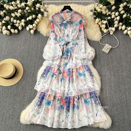 Spring New High end French Printed Tea Break Skirt with Sweetly Tied Waist Style Ruffle Edge Dress