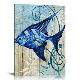 Navy Blue Fish Wall Art Bedroom Beach Themed Room Decor Boho Ocean Animal Painting Canvas Artworks for Bathroom Living Home Decorations 16x20"