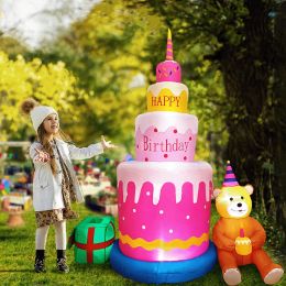 6ft Happy Birthday Inflatable Decorations Birthday Cake with Teddy Bear Lighterd Boys Girls Birthday Blow Up Decorations