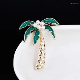 Brooches Coconut Palm Tree Enamel Pin Women Metal Pearl Plant Scarf Clip Clothes Dress Accessories Party Daily Jewellery Gift