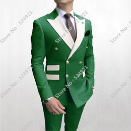 Double Breasted Men Suits Light Green and White Groom Tuxedos Peak Lapel Groomsmen Wedding Prom Best Man 2 Pieces Jacket Pants Tie L5 248O