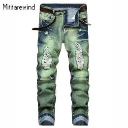 Men's Jeans High Street Ripped Jeans for Men Seasonal Waist Jeans Personalised Ocean Green Straight Jeans Fashion Youth Troussers J240527
