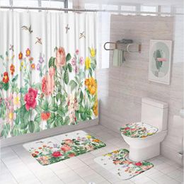 Shower Curtains Watercolour Flower Rose Curtain Set Floral Bird Green Leaves Vintage Plank Bathroom Rug Toilet Lid Cover Bath Mat