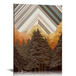 Framed Canvas Print Wall Art Western Decor Brown Wood Panel Snowy Mountain Forest Nature Shapes Digital Art Modern Art Rustic Scenic for Living Room, Bedroom, Office