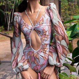 Women's Swimwear Jumpsuit Women Swimming Suit Hollowed Out Chest Gathered One Piece Set Bikini Long Sleeved Print Sexy Female Vacation