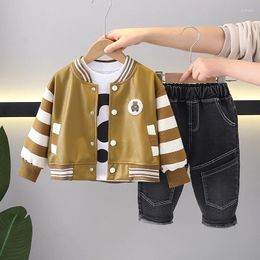 Clothing Sets 2024 Spring Baby Boy Clothes 1 To 2 Years Cartoon Striped Long Sleeve PU Leather Jackets White T-shirts Jeans 3PCS Boys Suit
