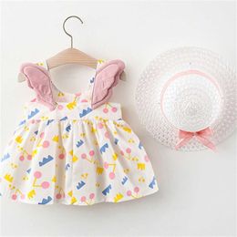 Girl's Dresses Summer New Girl Baby Dress with Cherry Print Small Wings Sweet Princess Hat Birthday Squad H240527 1XVU