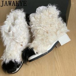 Boots 2024 Winter Curly Wool Chunky Heel Mid Calf For Women Designer Lace Up Snow Fashion Week Hairy Fur Botas Mujer