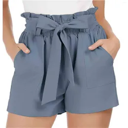 Women's Shorts Women Summer Elastic Waist Drawstring Solid Color Shirring Above Knee Length Daily Wear Pockets High Leisure Short