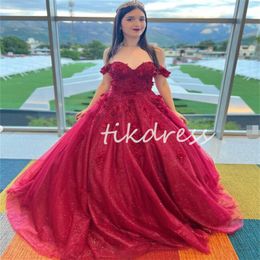 Shine Dark Red Prom Dresses With Handmade Flowers Sparkly A Line Off Shoulders Evening Dress Corset Formal Birthday Dress Gorgeous Vestios De Fiesta Robe Mariee 2024
