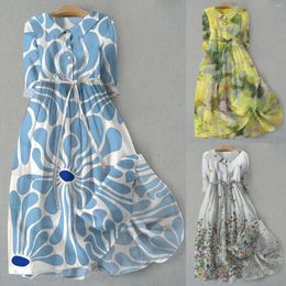 Casual Dresses Women's Art Floral Print Button Mid Long Sleeve Loose Large Hem Drape Dress Ladies Knee Length