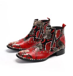 Italian Classic Snake Skin Studded Men Ankle Boots Square Toe Genuine Leather Dress Party Cowboy Bota Masculina Shoes Man8096450