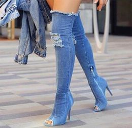 Stivali sexy Donne da donna Stivali alti sopra le bottiglie alte alte pip di punta Pompe della punta buca tacchi blu con cerniera jeans denim botas mujer4392280