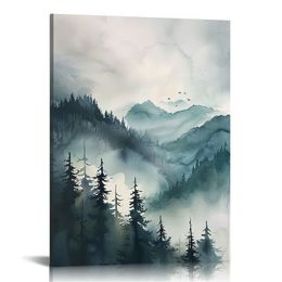 Foggy Forest Wall Art Prints Watercolour Mountain Canvas Wall Decor Landscape Nature Poster Wall Art Abstract Tree Pictures Artwork Modern for Living Room Bedroom