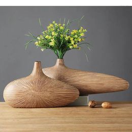 Vases Imitation Wood Vase Singular Ellipse Flower Arrangement Tabletop Decor Resin Crafts Home Living Room Decoration