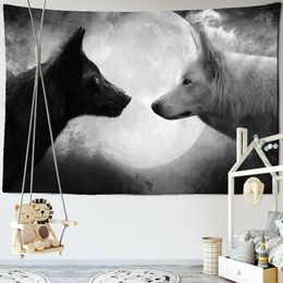 Wolf Gaze Tapestry Psychedeli Snow Black White Wolf Tapestry Wall Hanging Backdrop Hippie Wall Carpets Boho Decor Table Cloth