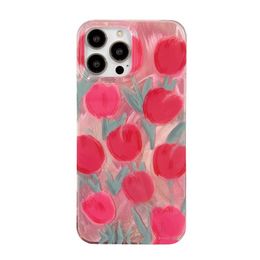 Pink oil painting tulip feather veil suitable for iPhone 15 ProMax Apple